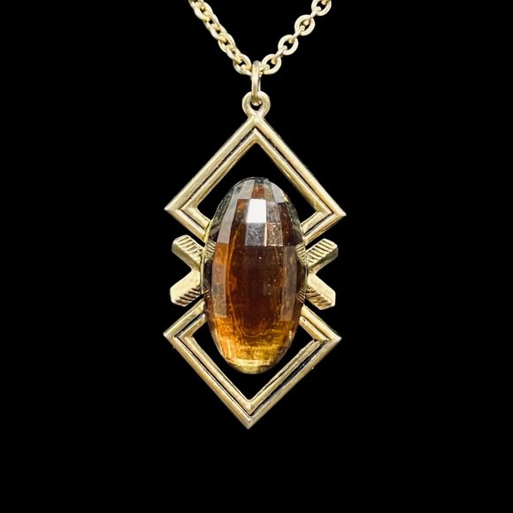 Emmons Gold Tone Cable Chain Necklace With Brown Cabochon Pendant (4598) - Picture 2 of 7